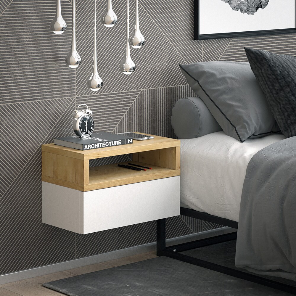 Vicco hängender Nachttisch Urban, 45x28cm, Eiche Weiß, Kommode mit Schublade