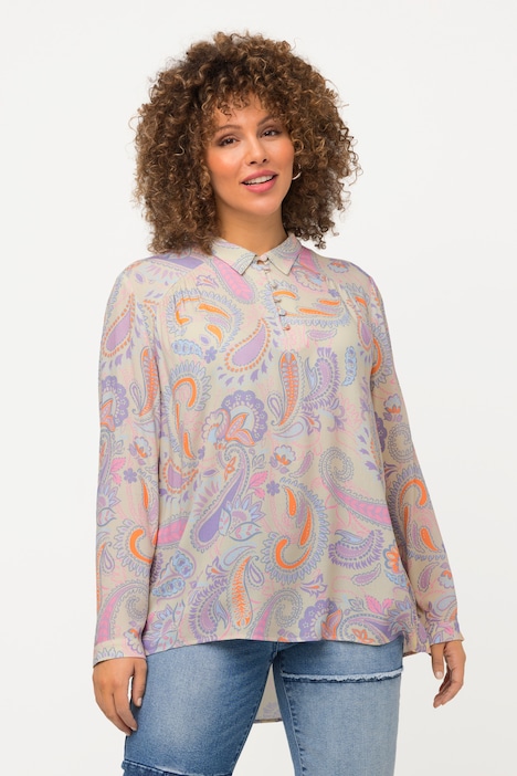 Bluse, Paisley, Hemdkragen, Langarm, hinten länger