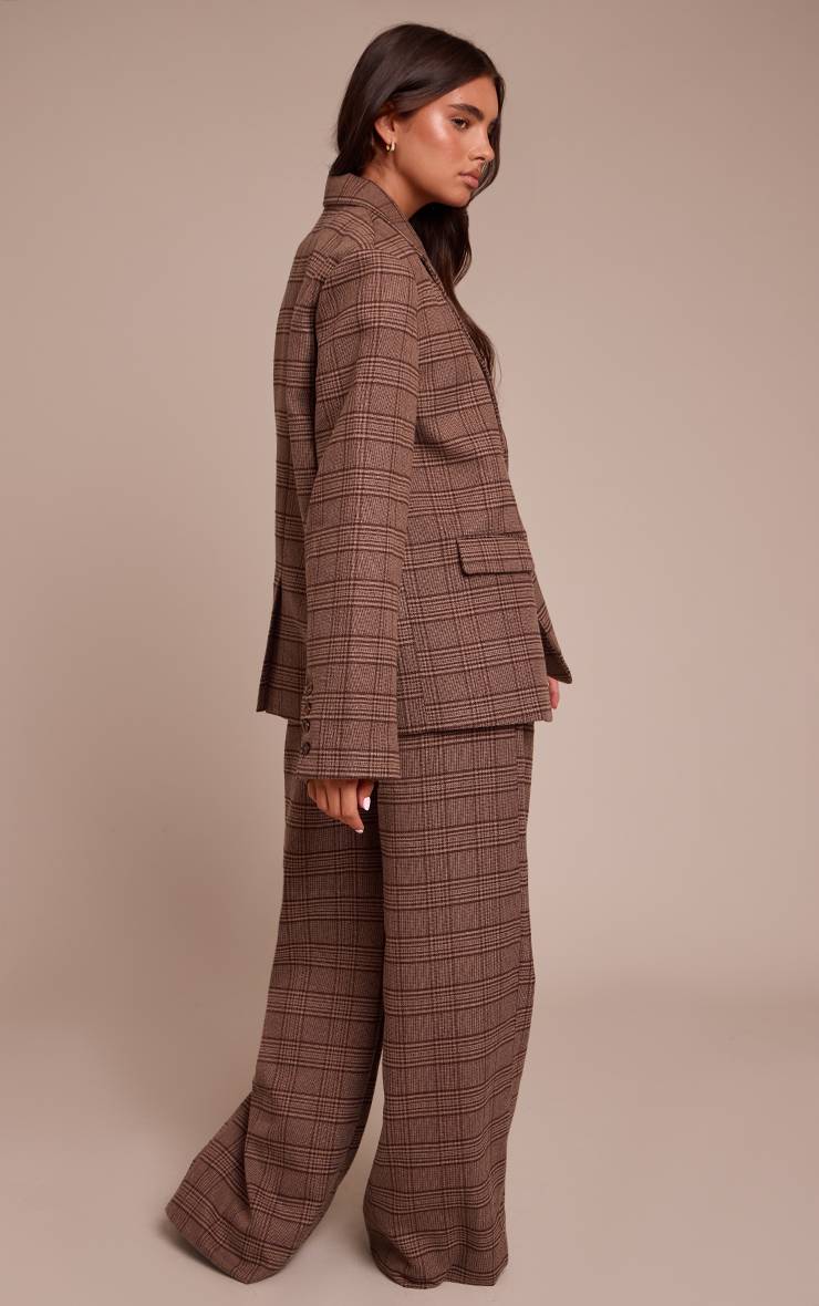 Marron Pantalon Large Tailleur En Sergé Tissé Premium À Carreaux