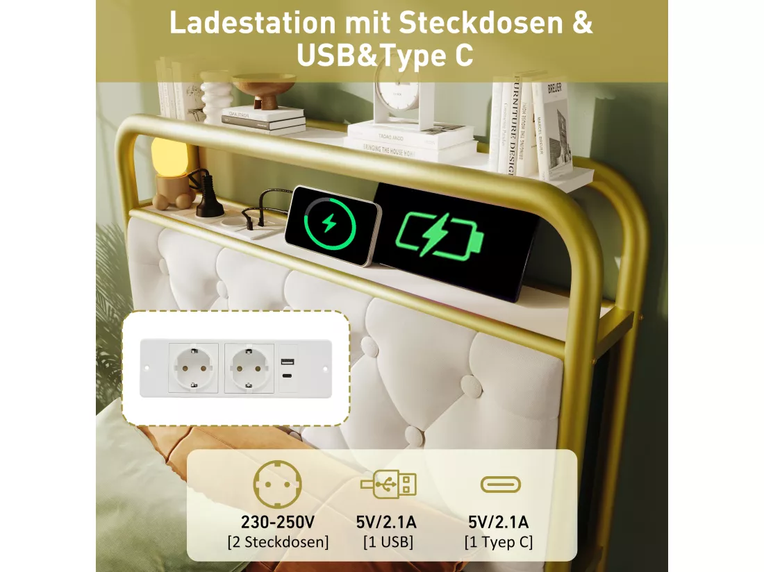 Lit capitonné 90 x 200 cm avec 2 tiroirs et tête de lit rangement - Prises USB Type C et LEDs - Velours - Blanc (sans matelas)