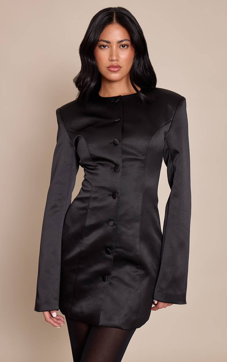Noir Robe Blazer Satinée À Manches Longues Boutonnée