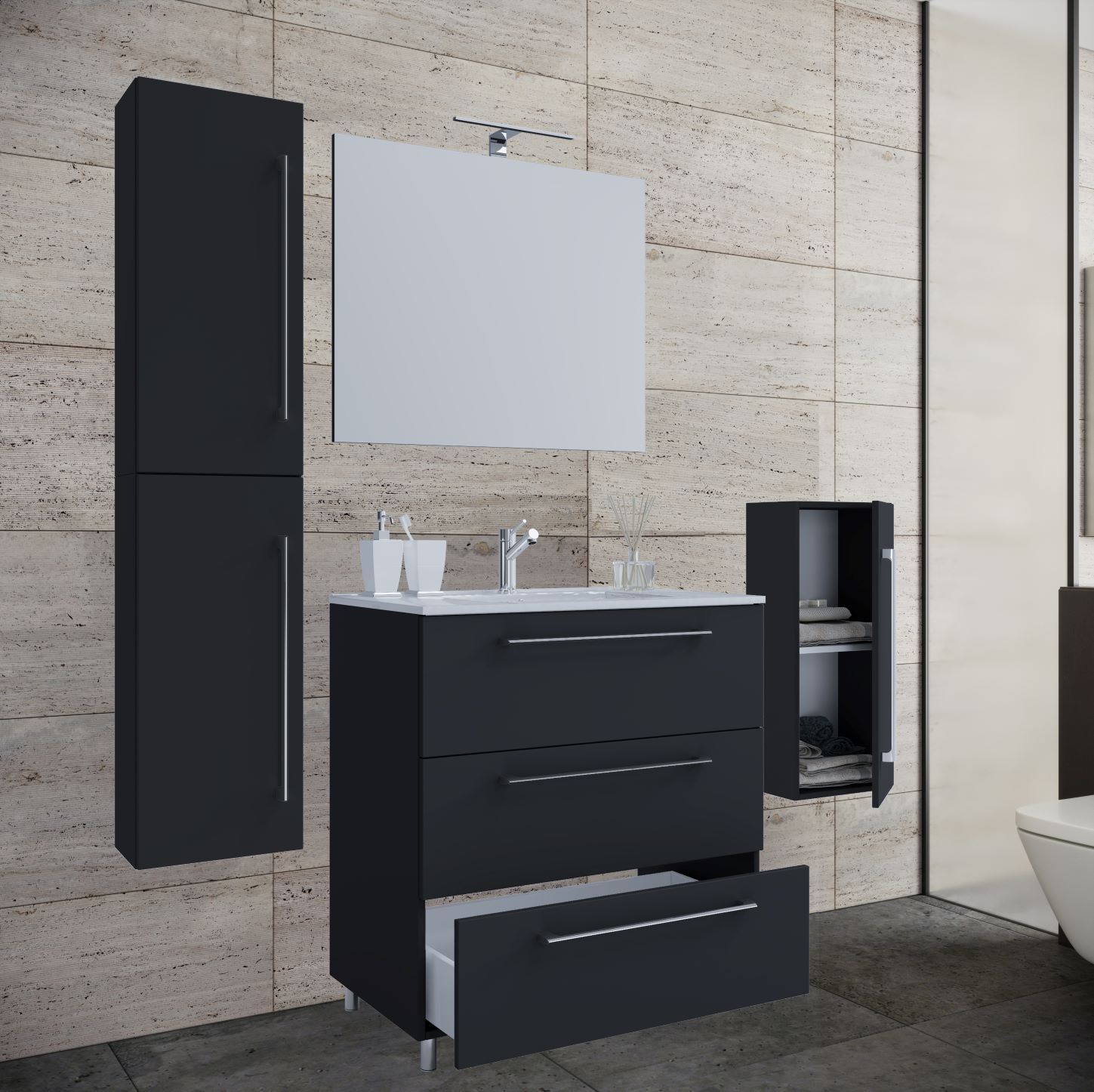 5-teiliges Badmöbel-Set BADINOS 3 - schwarz - Spiegel - 146 cm breit