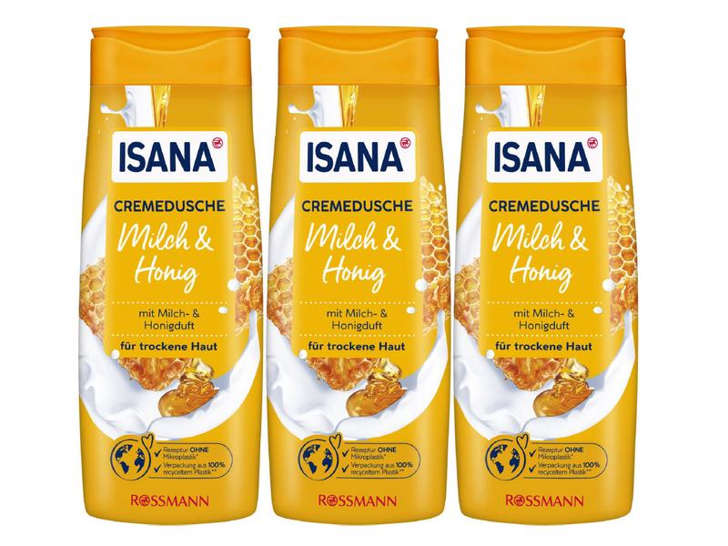 Isana Duschcreme Milch und Honig 3 x 300 ml Pflegendes Duschmittel mit Milch- und Honig-Duft
