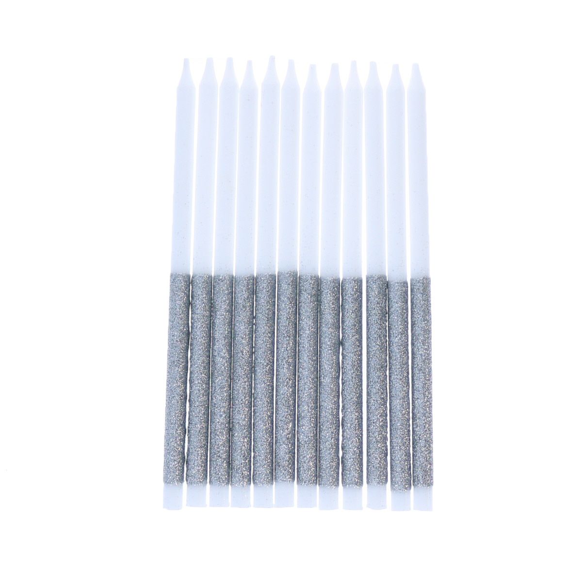 Lot de 12 bougies paillettes argenté Surprise Partie !