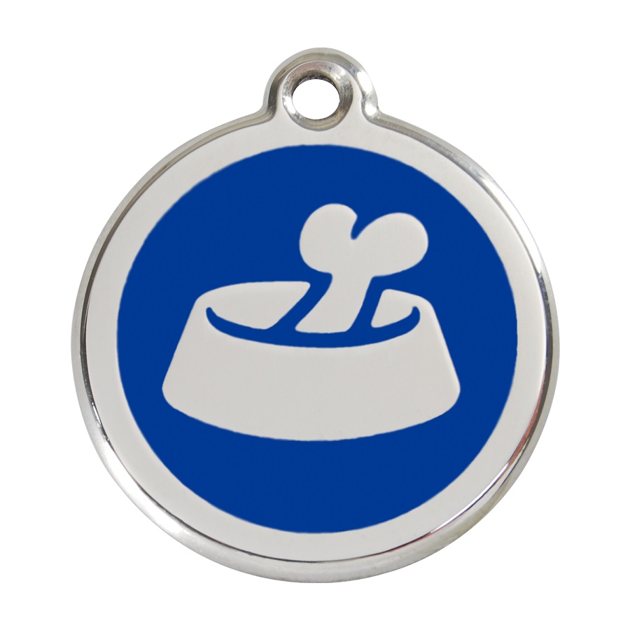 Placa de identificação para cães em aço inoxidável esmaltado, em formato de osso, dentro de uma tigela azul.