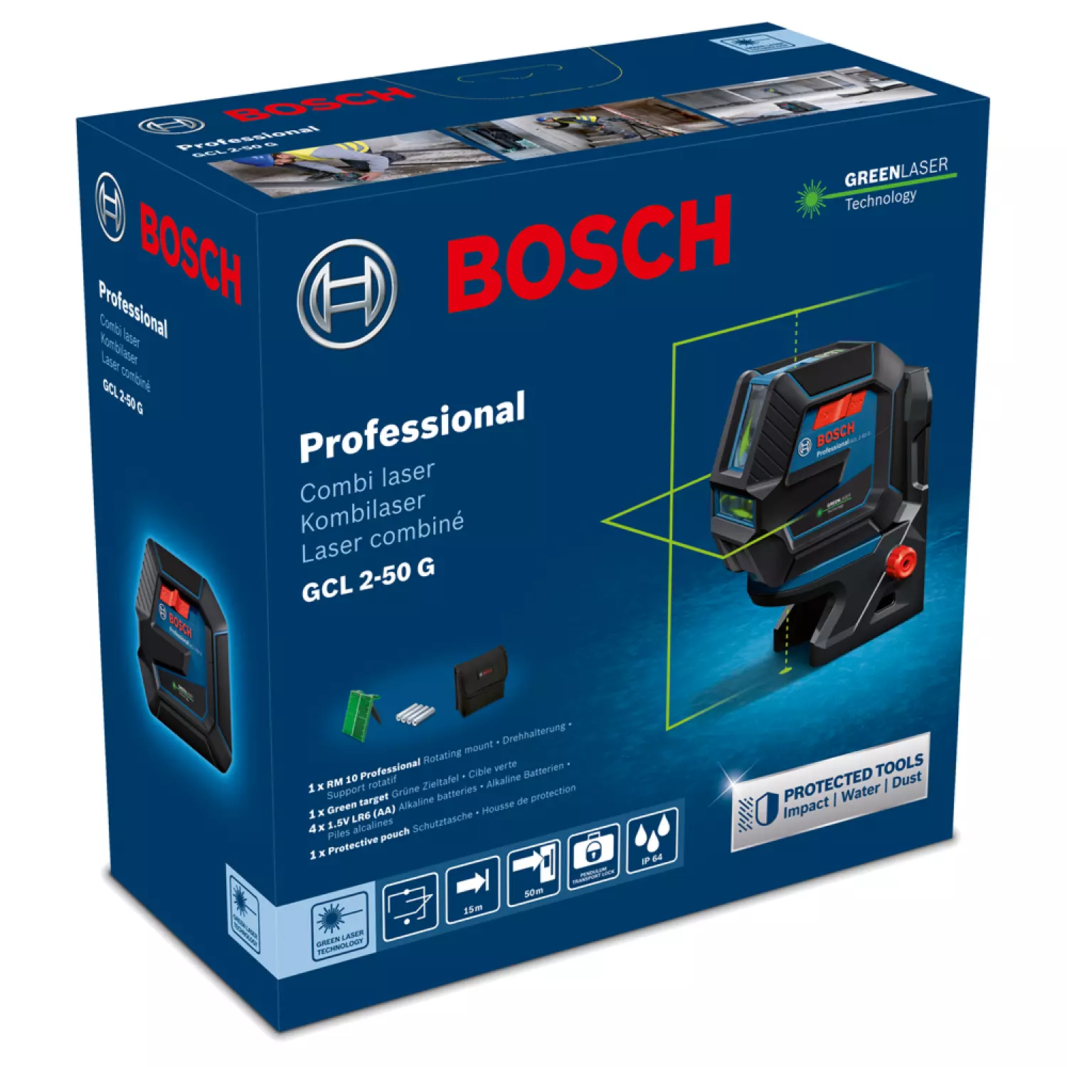 Bosch GCL 2-50 G Kruislijnlaser   houder in opbergetui - 15m