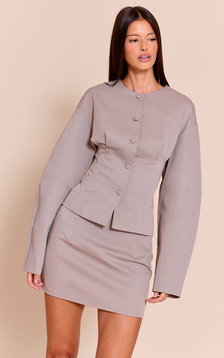Taupe Blazer Ajusté Tissé Boxy À Manches Ballon
