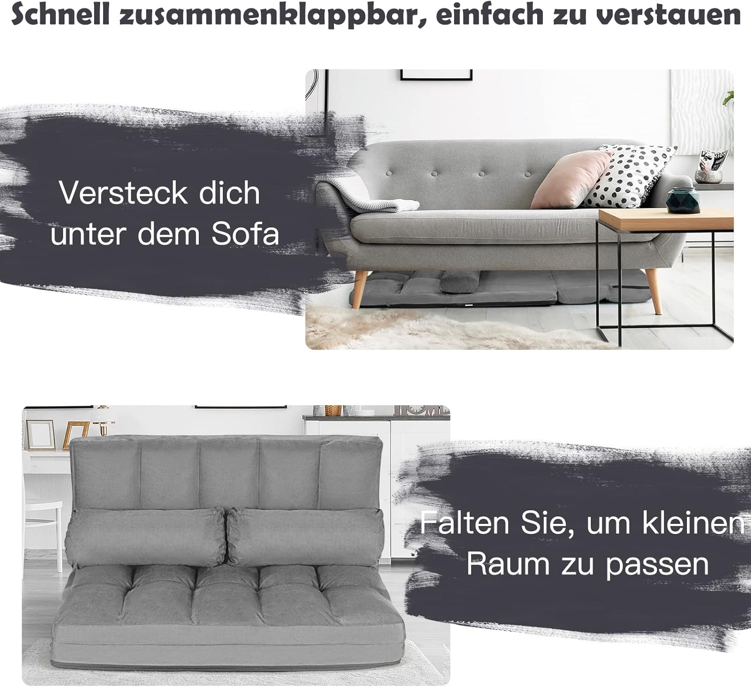 GOPLUS 2 Sitzer Bodensofa mit 2 Kissen, 3 in 1 Sofabett Liege Sofa mit 6 stufig Verstellbarer Rückenlehne, Klappsofa mit Schlaffunktion für Wohnzimmer Schlafzimmer (Grau)