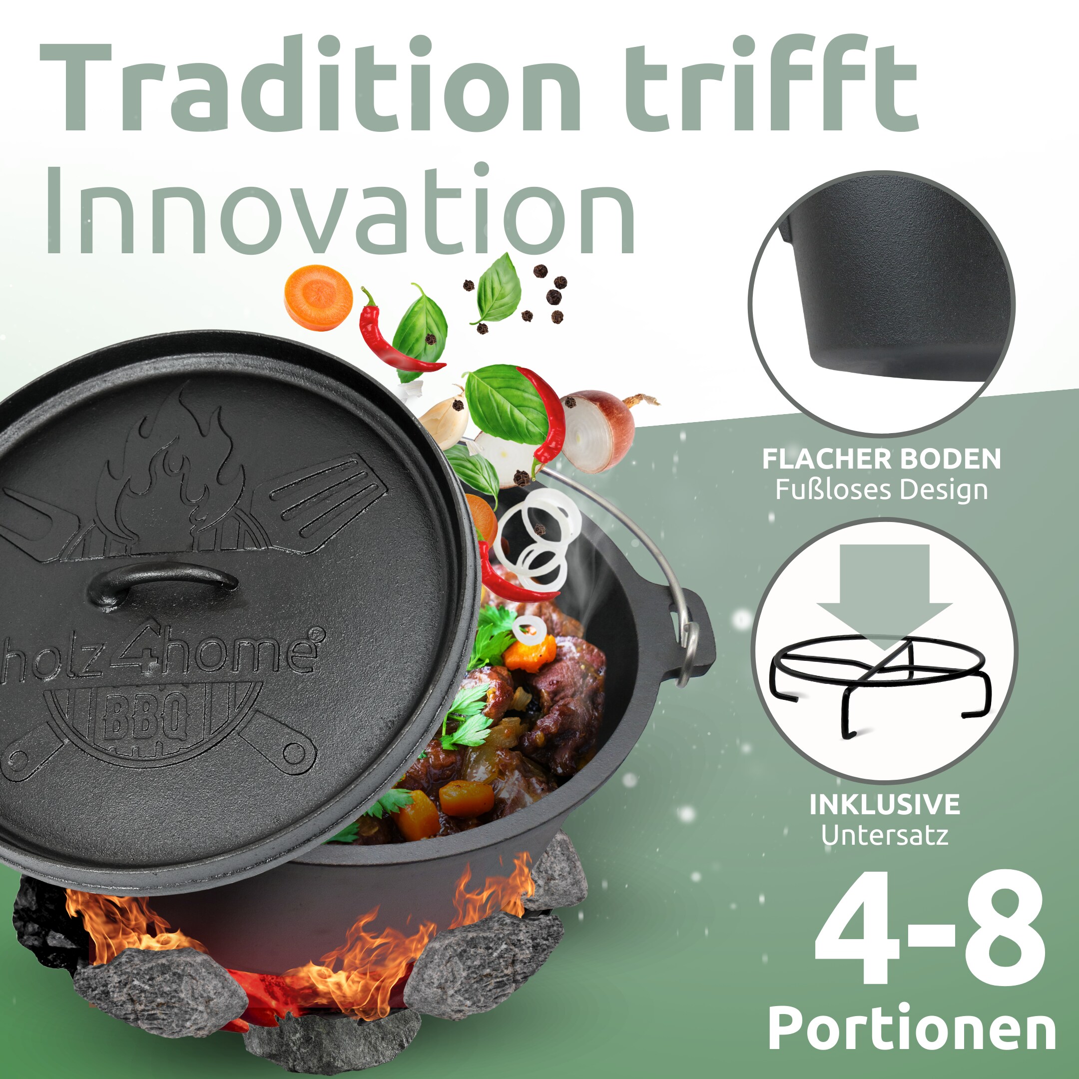 holz4home® Dutch Oven ohne Füße I eingebrannter Feuertopf aus Gusseisen I inkl. Deckelheber, Topfständer und Reinigungsbürste | 9 Liter