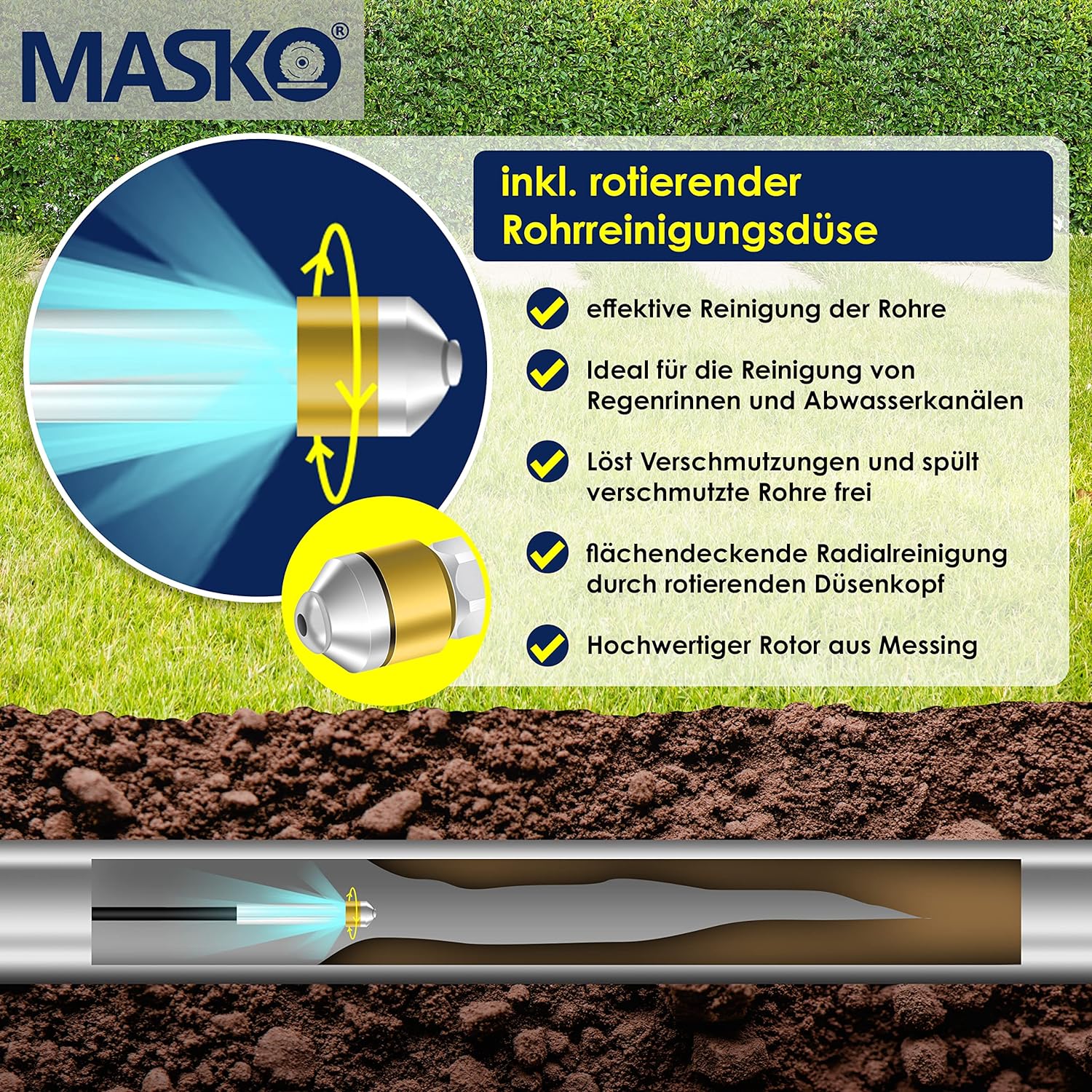 MASKO® Premium Rohrreinigungsschlauch Set Abflussreiniger 200 bar inkl. Tasche 3 Adapter 2 Düsen + rotierend kompatibel mit Kärcher k2-k7 LAVOR Hochdruckreiniger universal Rohrreinigungsset