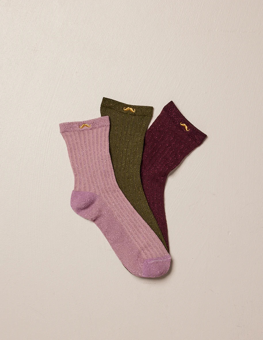 Pack de 3 Chaussettes - Côtelé Rose, Kaki et Bordeaux