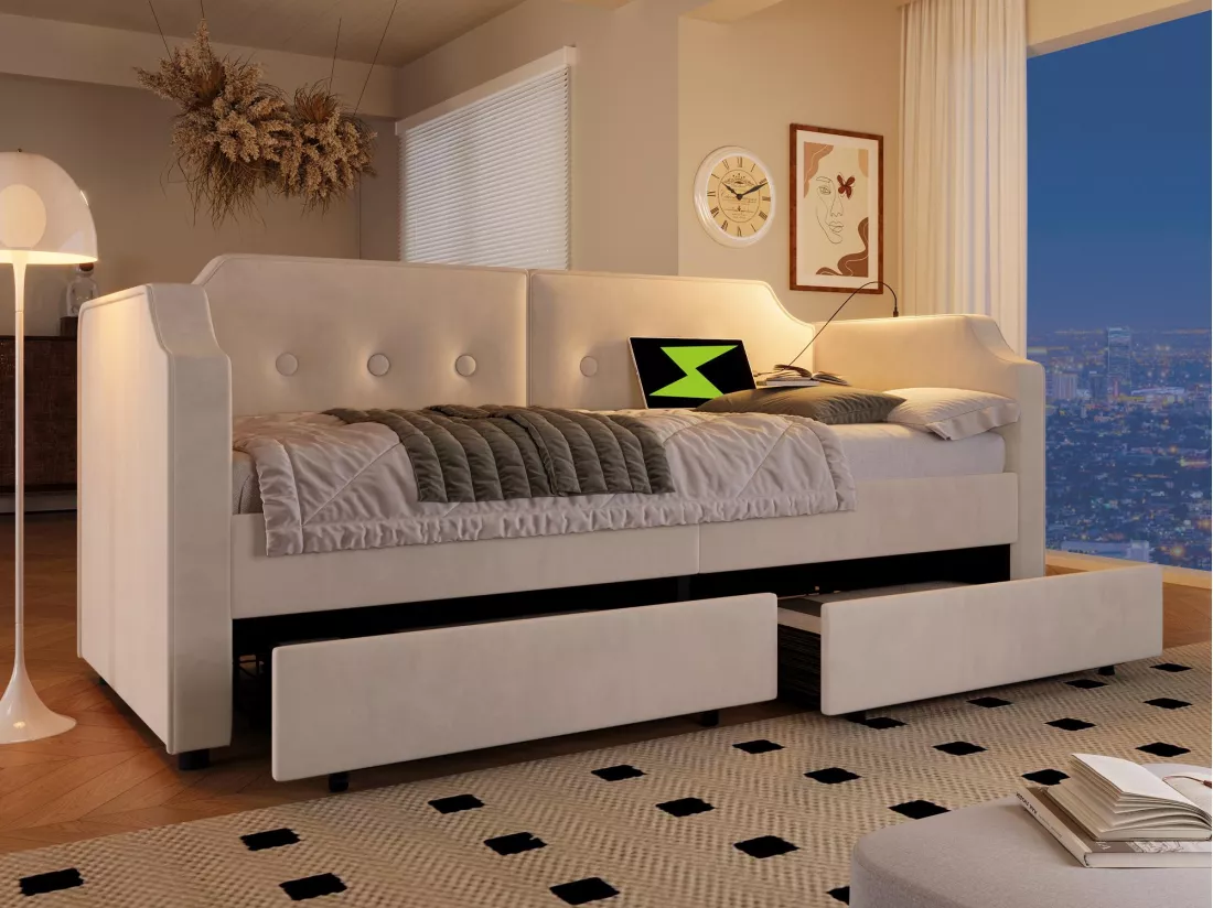 Lit banquette 90x200cm en velours - avec fonction recharge et LED - avec sommier à lattes - Beige