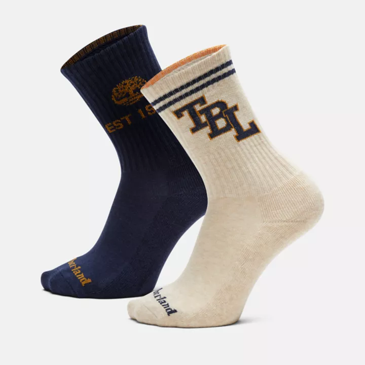 Conjunto de 2 pares de meias retrô unissex com trava, nas cores azul-marinho e bege.