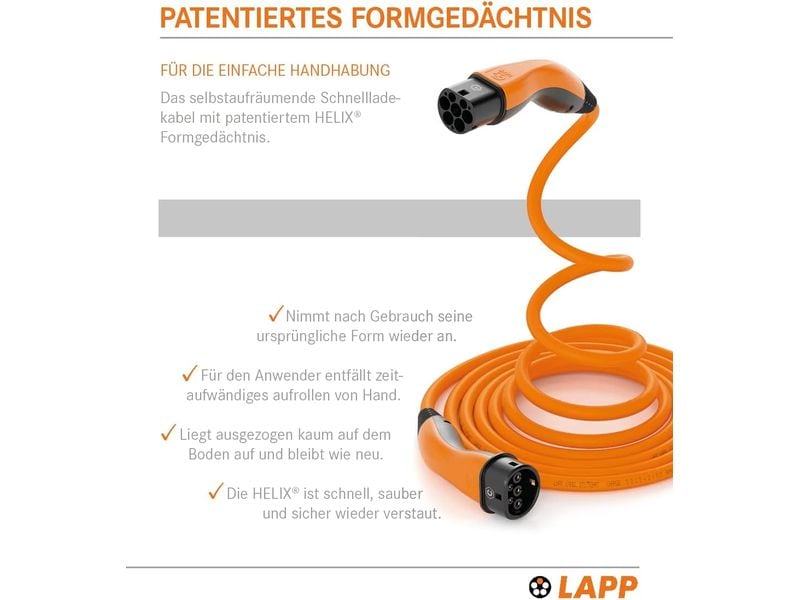 Lapp Ladekabel für Elektroauto Typ 2, 7.4kW, 32A, 5 m, Oran 3-phasiges Helix-Kabel zum Laden von Hybrid- und Elektroautos mit Typ-2-Anschluss