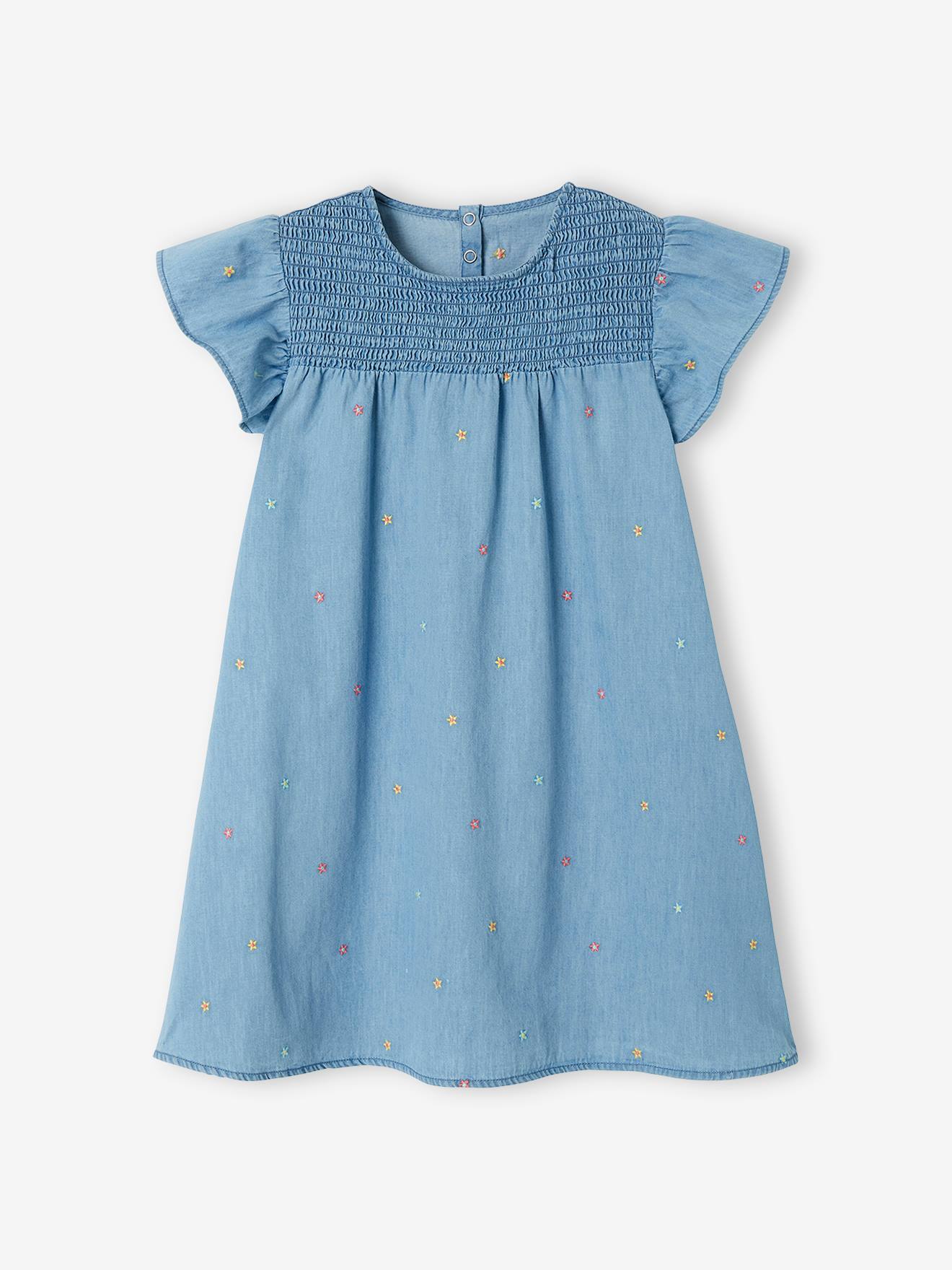 Conjunto de duas peças para meninas, composto por um vestido jeans bordado e leggings lisas azul-claras.