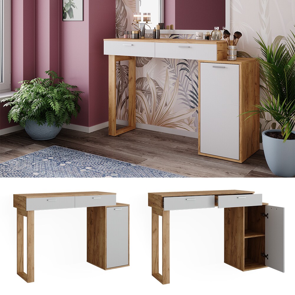 Vicco Schminktisch Regina Eiche Weiß 130 cm mit 2 Schubladen ohne Spiegel
