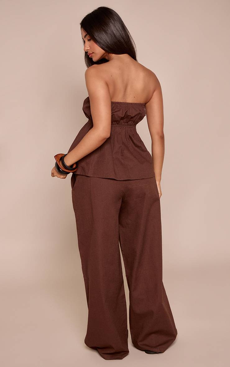 Chocolat Petite Pantalon Large Fluide Aspect Lin Ensemble Coordonné