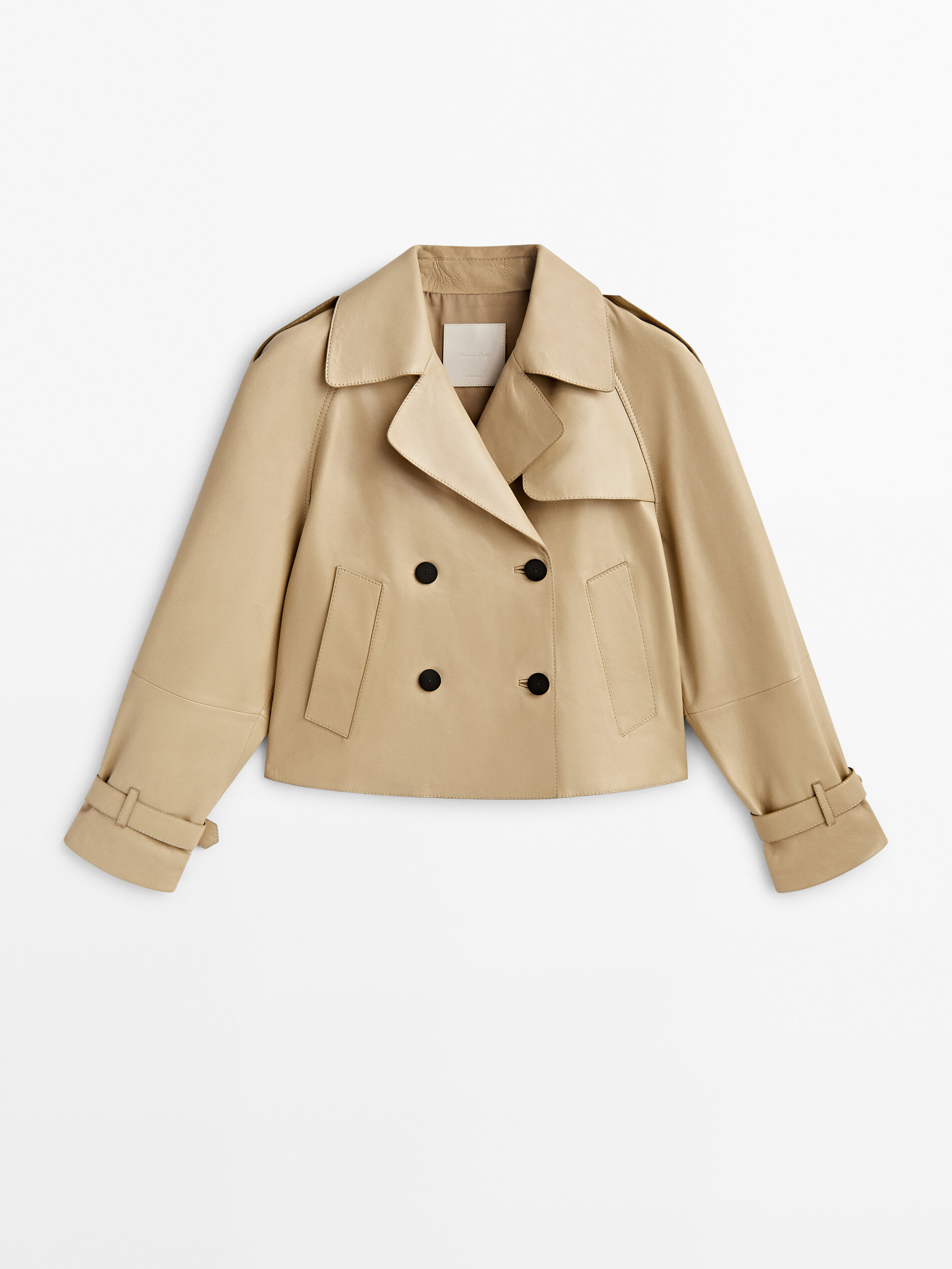 Jaqueta cropped de couro estilo trench coat - BEGE