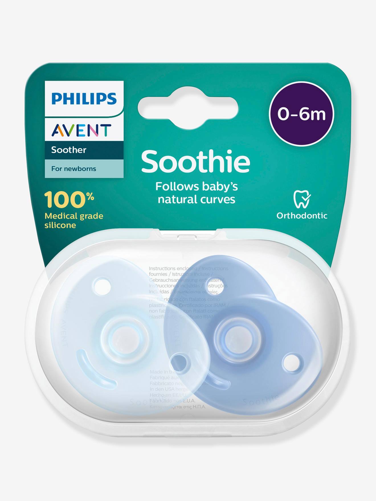 Pacote com 2 chupetas Philips AVENT Soothie Heart para recém-nascidos, azul claro liso