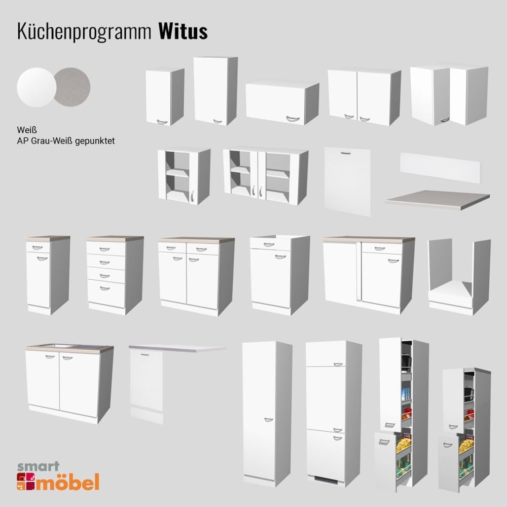 Smart Möbel Apothekerschrank Küche 30 cm breit – Weiß Witus – Schmaler Vorratsschrank mit Auszug für Küchenzeile