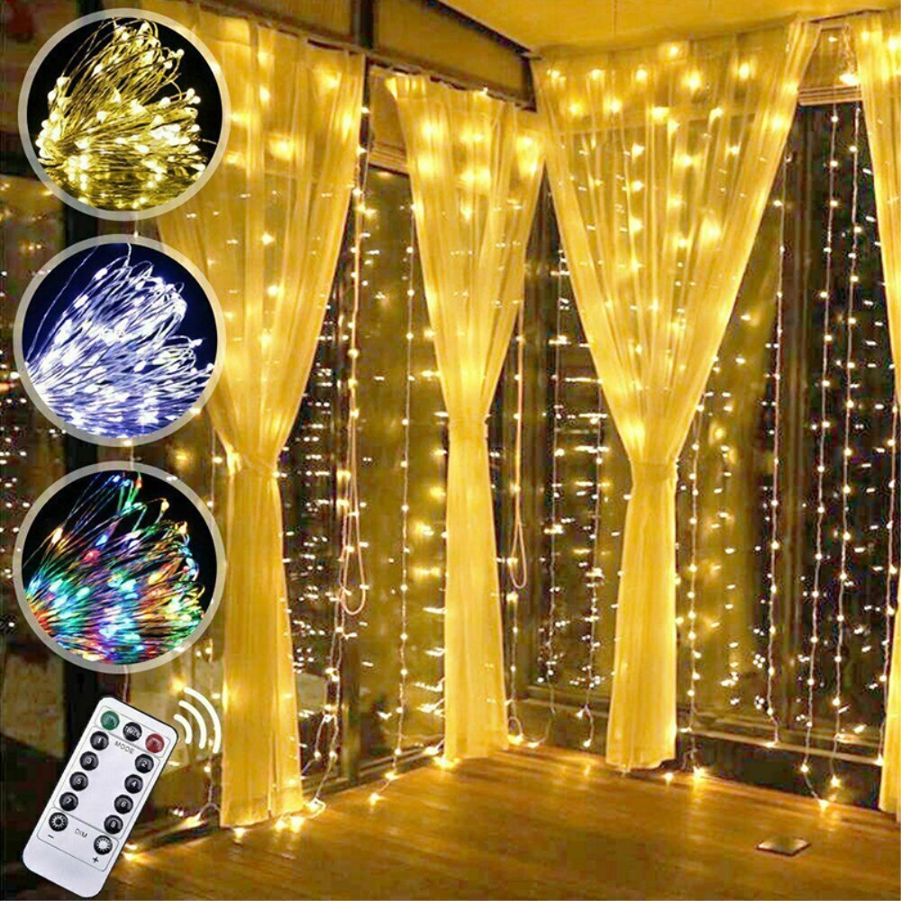 (3x2m) 200 LED's Deko USB Draht Lichterkette Vorhang Beleuchtung 8 Modi   Fernbedienung - Kaltweiss