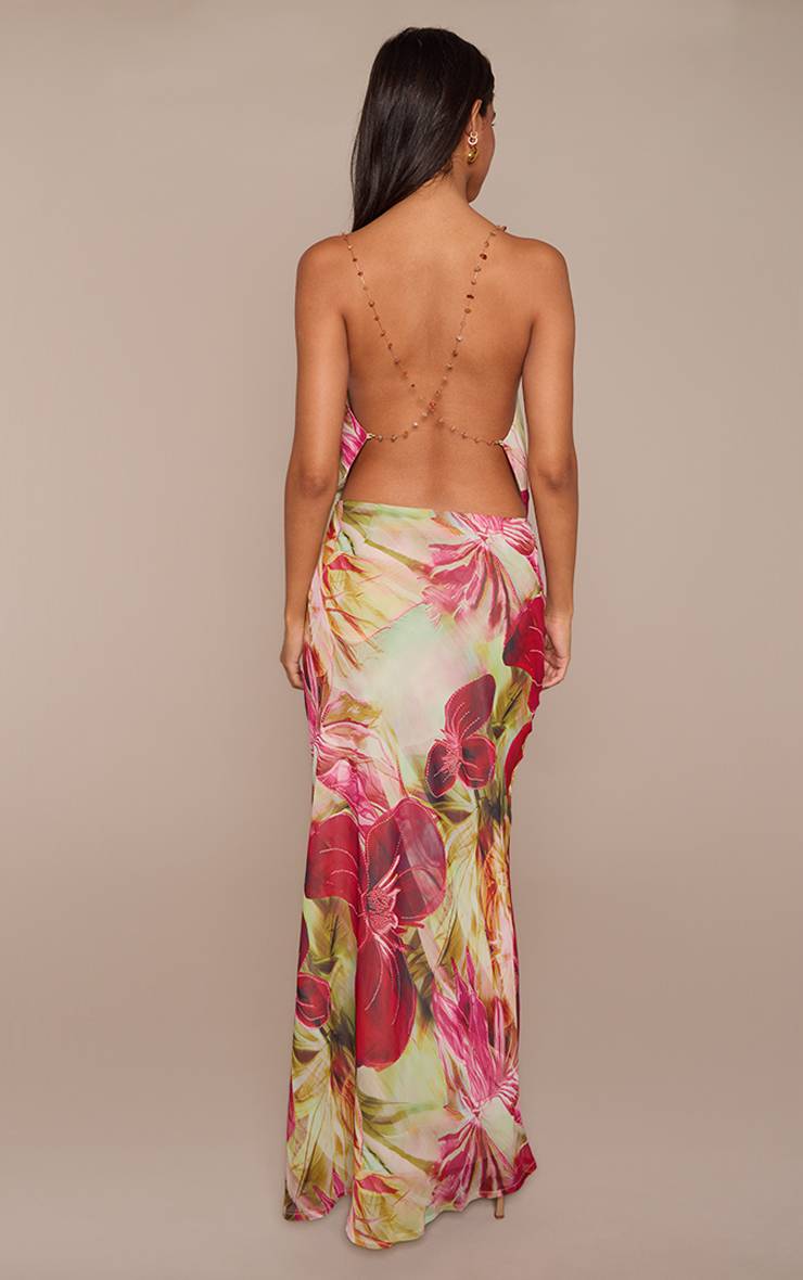 Vert Robe Longue Dos Nu En Mousseline À Imprimé Floral Avec Perles