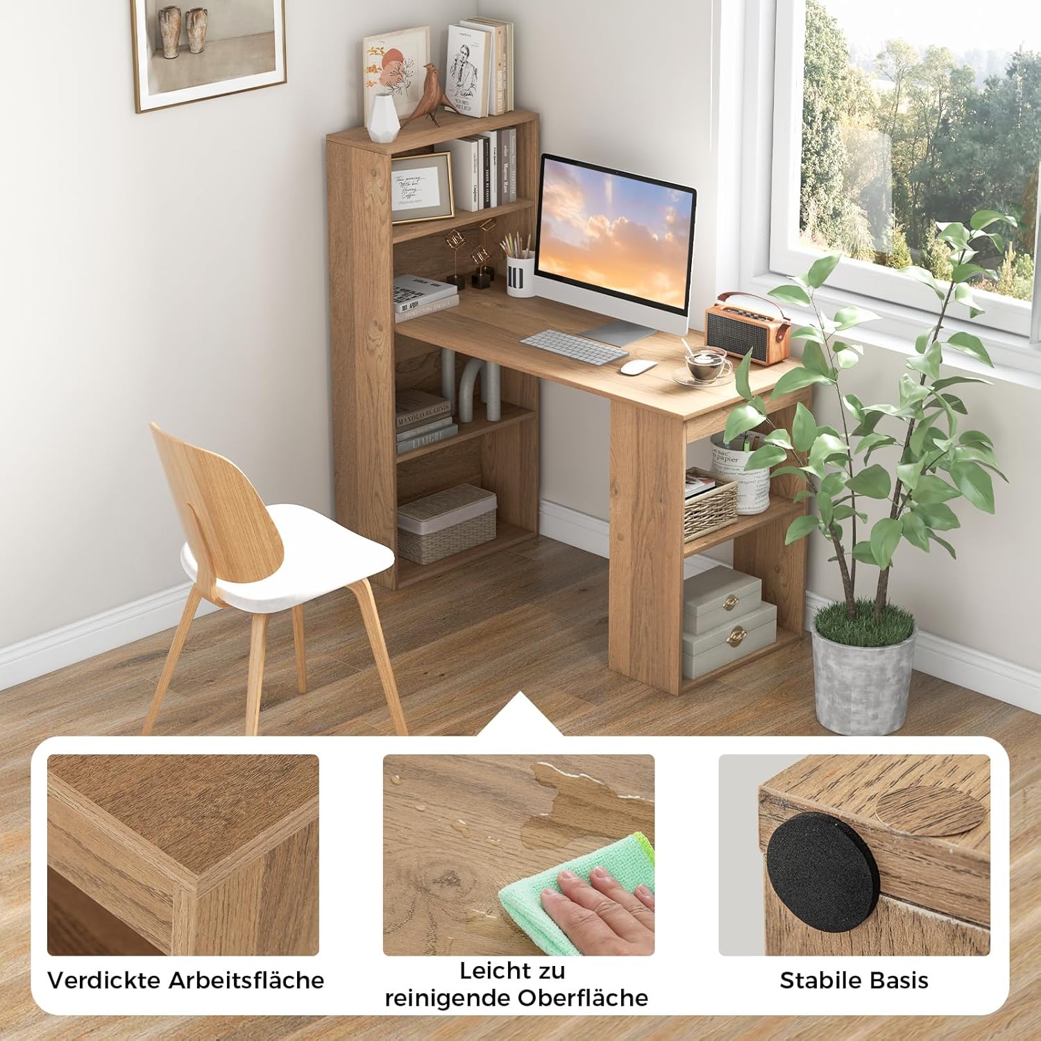 COSTWAY Schreibtisch mit Bücherregal, Computertisch mit 6 Regalen, PC-Tisch mit Regal rechts oder Links, Bürotisch, Arbeitstisch für Zuhause, Büro und Wohnheim, 122 x 56 x 122 cm (Natur)