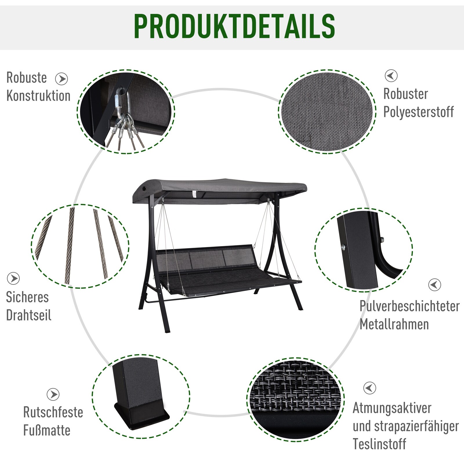 Outsunny Hollywoodschaukel als 3-Sitzer grau/schwarz 200 x 115 x 168 cm (BxTxH)