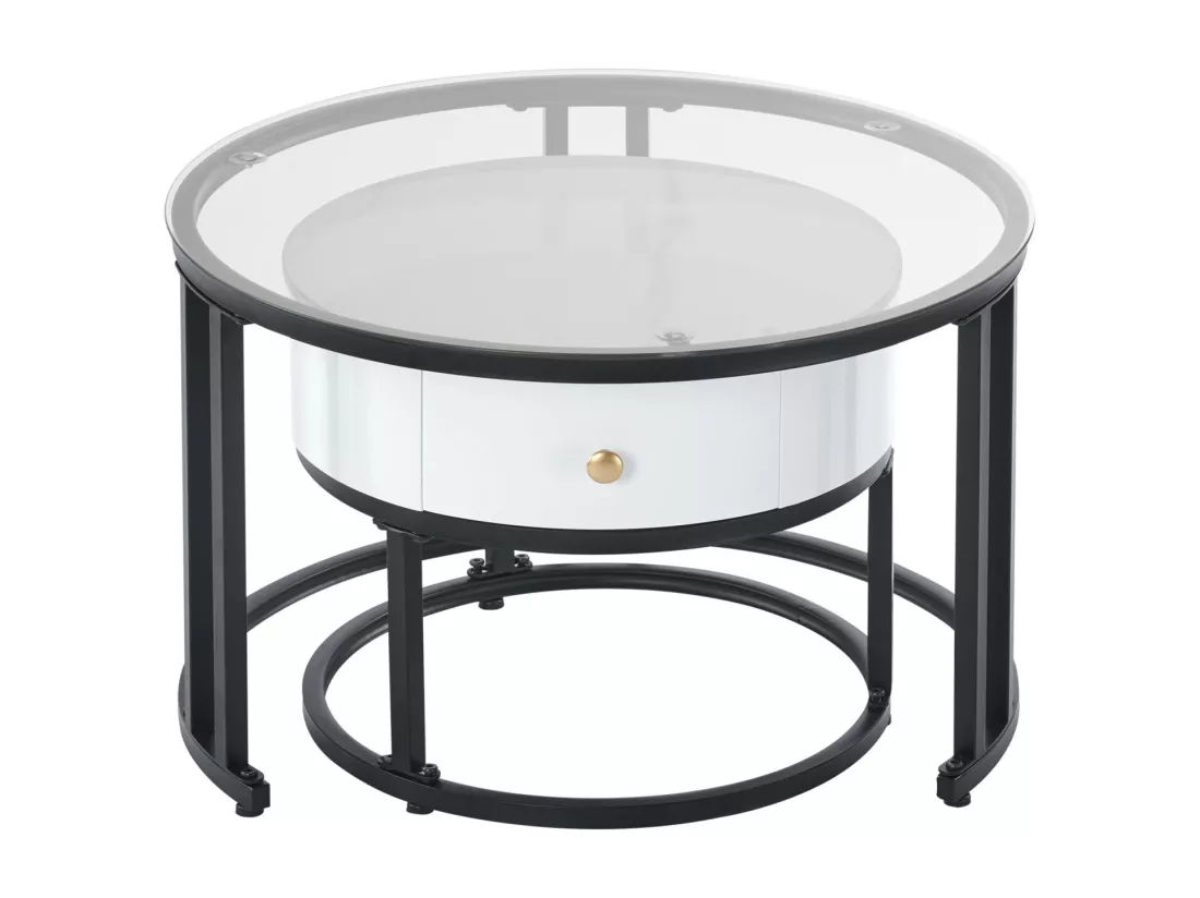 Lot de 2 table basse gigogne - table ronde, cadre en noir plateau en verre et ardoise marbrée blanc avec 1 tiroir - ø70x45,5+ø50x40cm