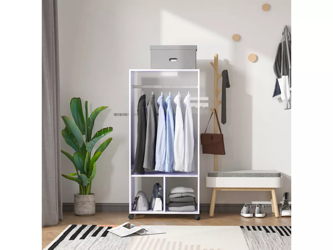 Portant à vêtements penderie mobile avec roulettes 2 niches + grand espace penderie panneaux particules blanc