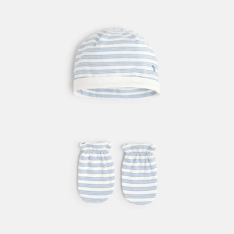 Bonnet et moufles jersey rayé bleue naissance