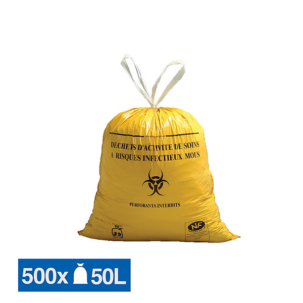 Sacs poubelle déchets hospitaliers Dasri poignées coulissantes jaunes 50 L, lot de 500