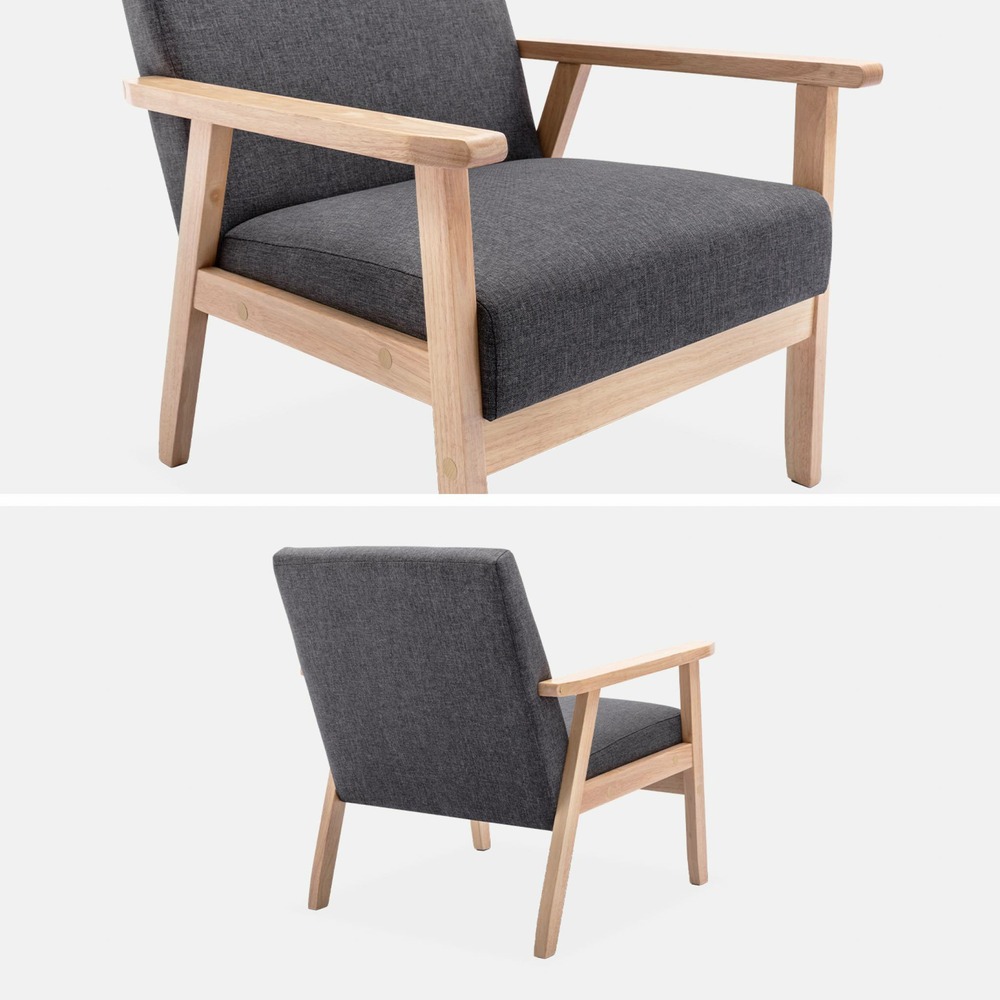 Fauteuil scandinave en bois et tissu gris foncé. Isak. L 64 x p 69.5 x h 73cm