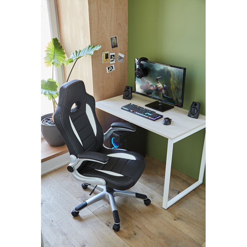 Fauteuil de bureau gamer NIGEL simili cuir - avec accoudoirs, appui-tête et soutien lombaire - Mécanisme Basculant centré - Pieds aluminium