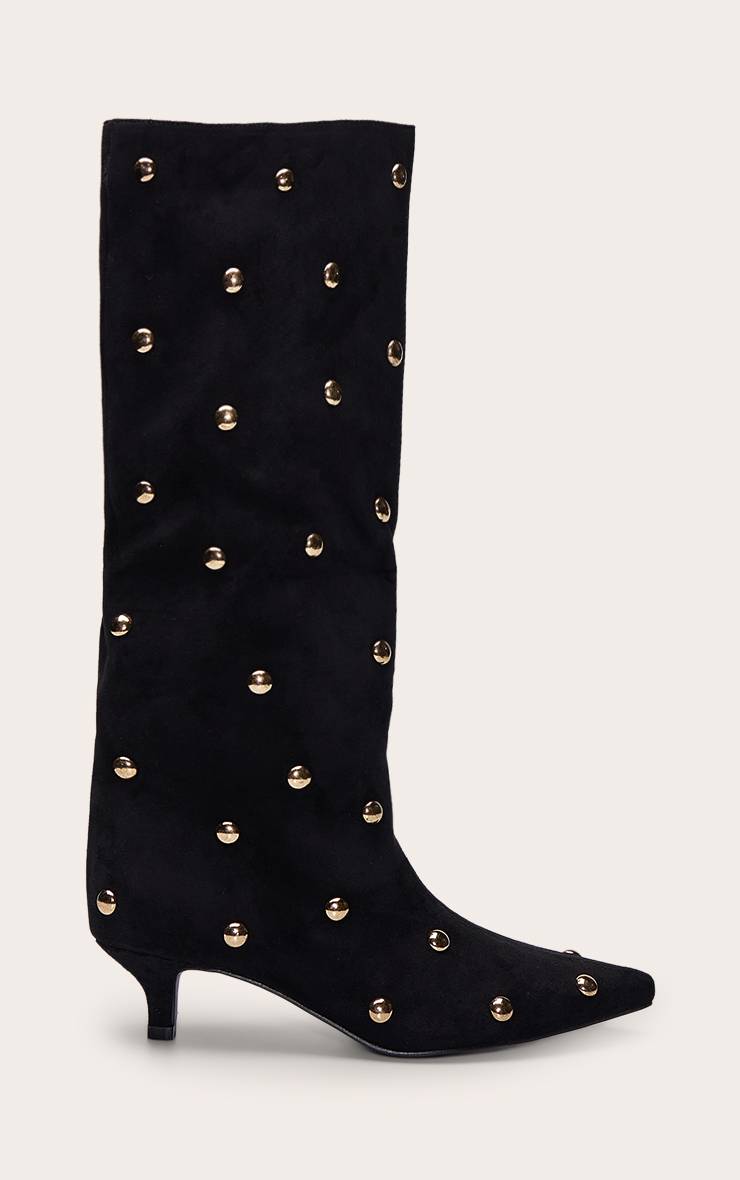 Noir Bottes À Talon Chaton En Daim Doré À Clous Bombés