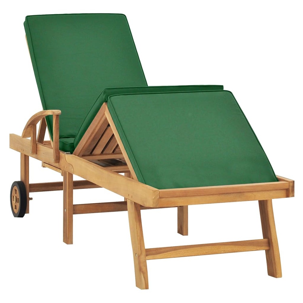 Transat chaise longue bain de soleil lit de jardin terrasse meuble d'extérieur avec coussin bois de teck solide vert 02_00124