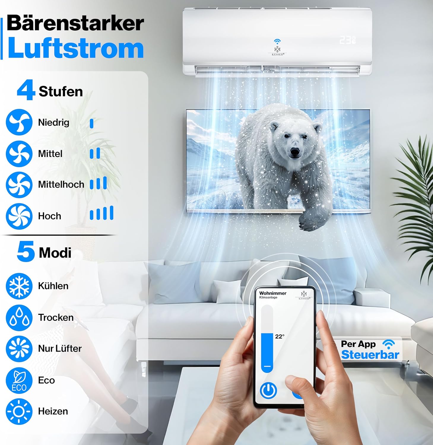 KESSER® Split Klimaanlage Set Quick Connect 9000 BTU 2,6 kW – WiFi & App Klimagerät mit Heizfunktion & Kühlmodus Wandklimaanlage, mit Kupferleitung Kältemittel R32 Inkl. Montagematerial
