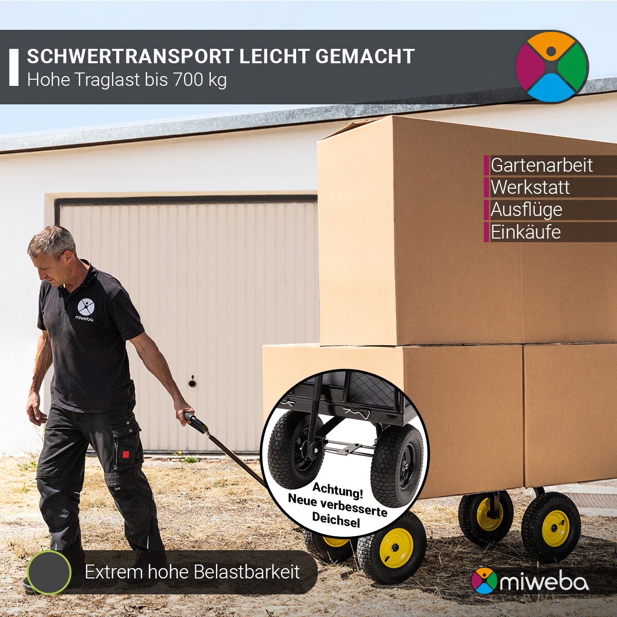 Miweba Bollerwagen MB-700, Transportwagen mit 700 kg Traglast, klappbar, Doppelachse, Stahlrahmen (Grün)