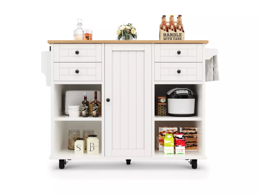 Ilot central de cuisine mobile avec 1 porte et 4 tiroirs - 111x46x91.5 cm - Bois MDF - Blanc et naturel