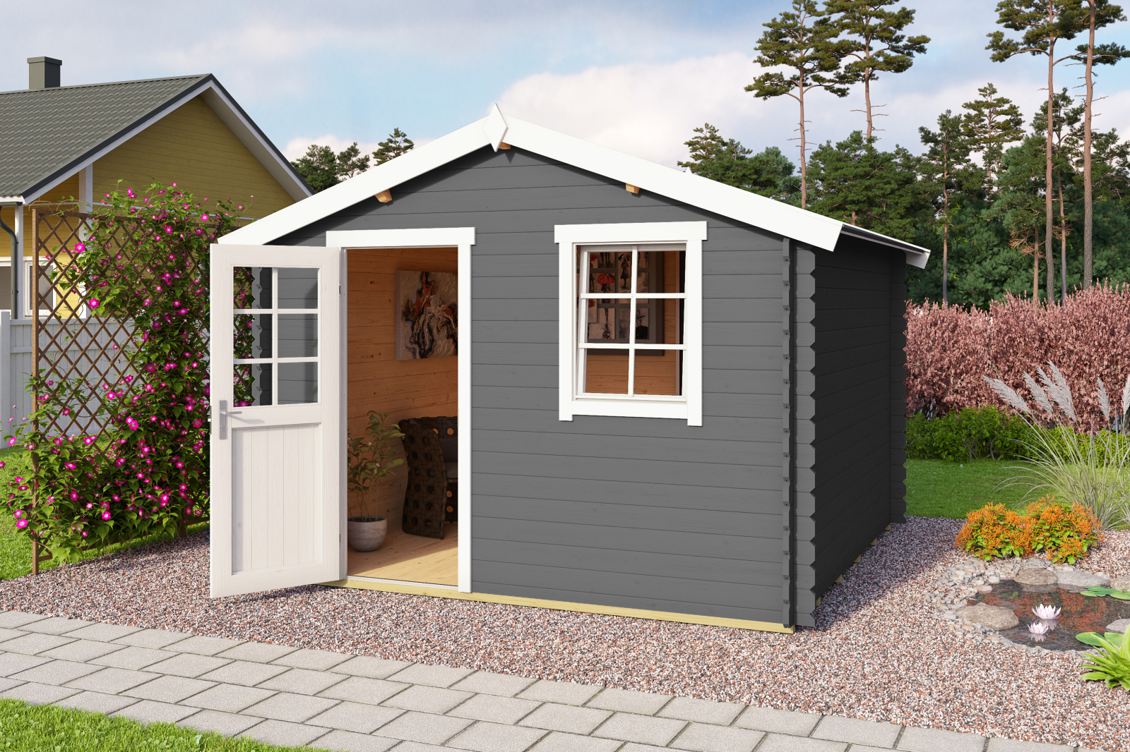 Gartenhaus WELS 3 - carbongrau - Fichte massiv - 300x300 cm