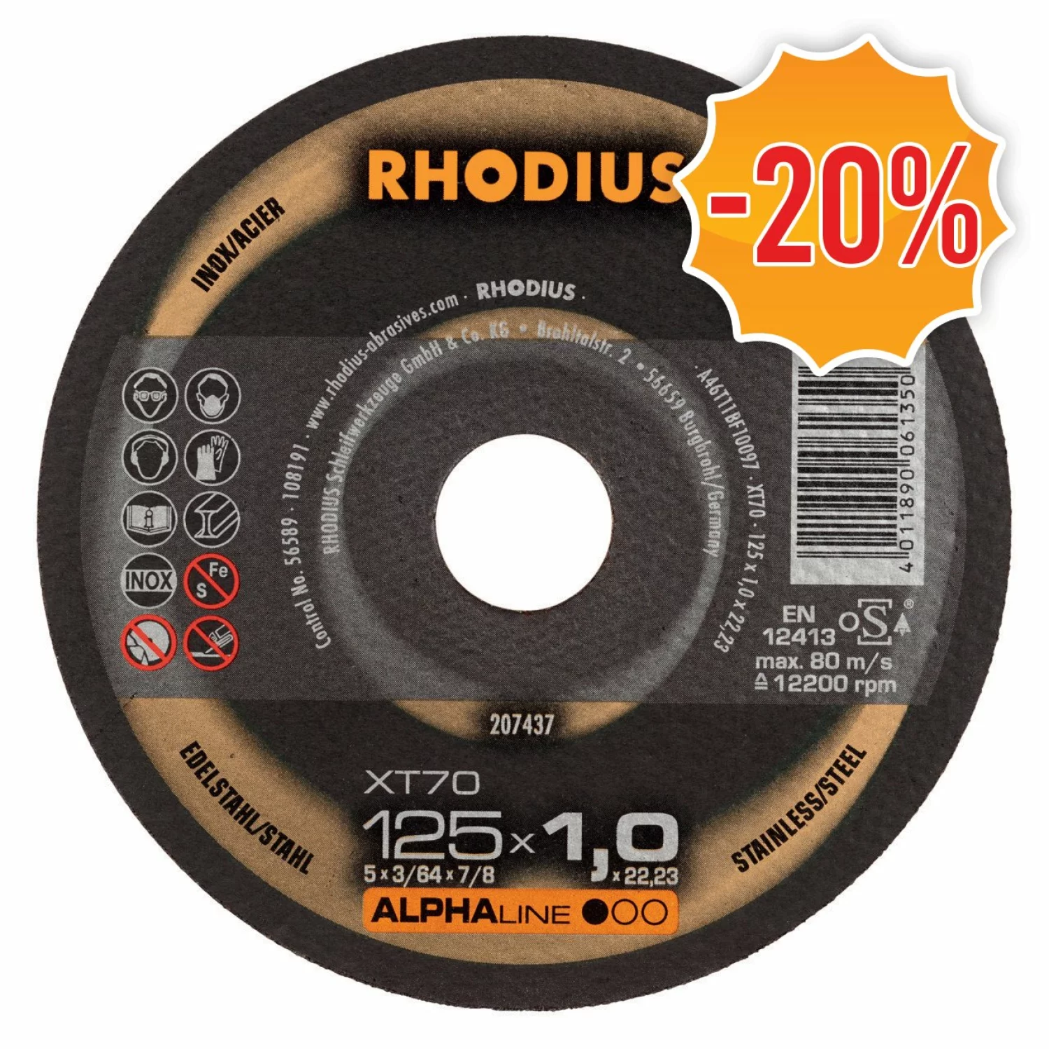 Rhodius ALPHALine I XT70 Doorslijpschijf - Extra dun - 125 x 22,23 x 1mm - RVS/Staal (25st)