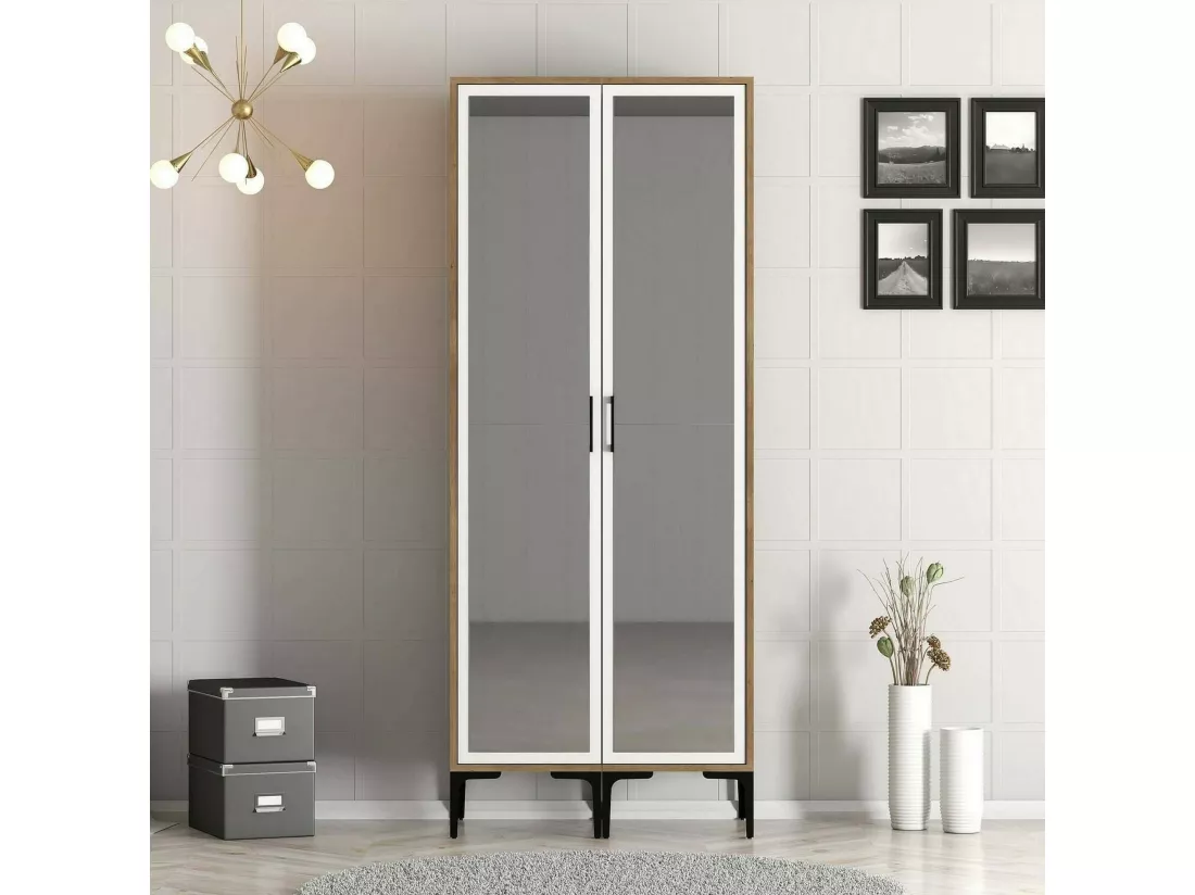 Garde-robe 2 portes Dpret, Meubles de chambre, Penderie de plain-pied, Placard à vêtements, 80x201h48 cm, Noyer et Blanc