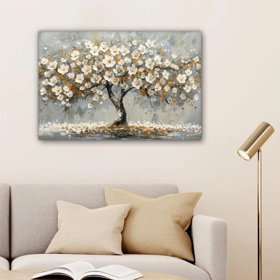 MuchoWow Canvas Schilderij 90x60cm Boom Bloemen Wit Natuur
