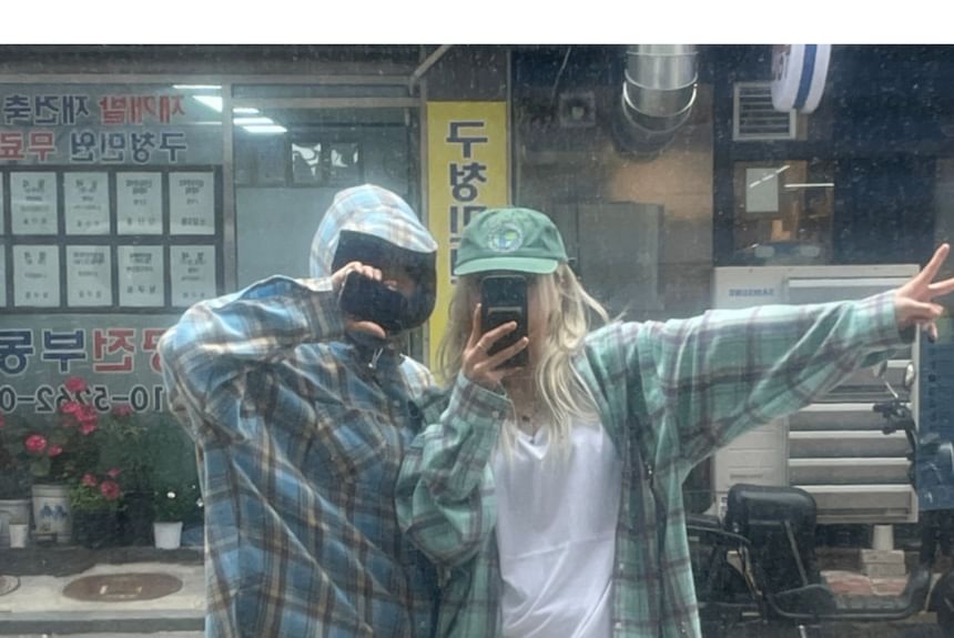 SeoulPop - Unisex geruit overhemd met lange mouwen en losse pasvorm en capuchon