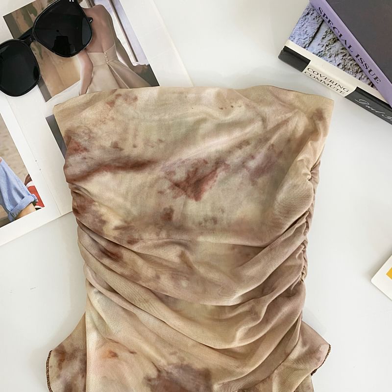 Iasia - Tie Dye geplooide asymmetrische mesh tubetop met ruches