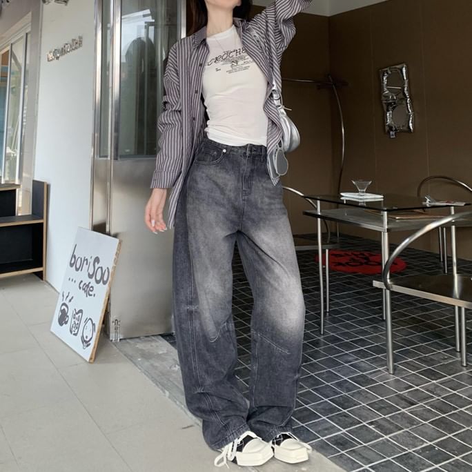 Bolgivy - Mid Waist Washed Baggy Jeans