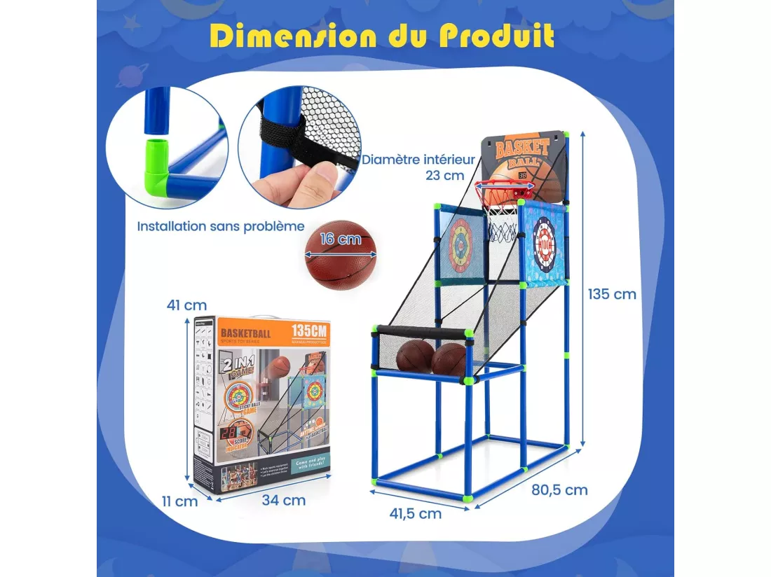 Panier de Basketball 2 en 1 avec 2 Cibles en Tissu et velours à Balles Adhésives, Jeu d’Arcade avec Système de Pointage et Effet Sonore, 2 Ballons de Basket pour Enfants 3 Ans+