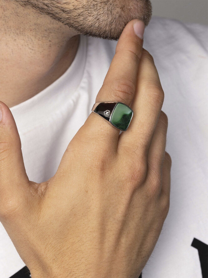 Nialaya Men's Silver Signet Ring with Green Jade Silver
