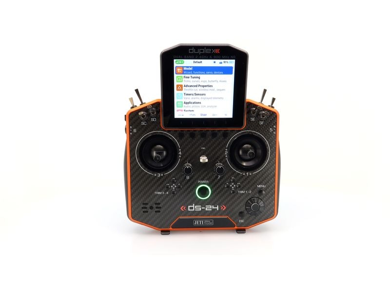 Jeti Fernsteuerung DS-24II Carbon Line Orange 24 Kanal, Dup Professioneller 24-Kanal-Sender mit Geber auf Rückseite und Carbon-Frontplatte