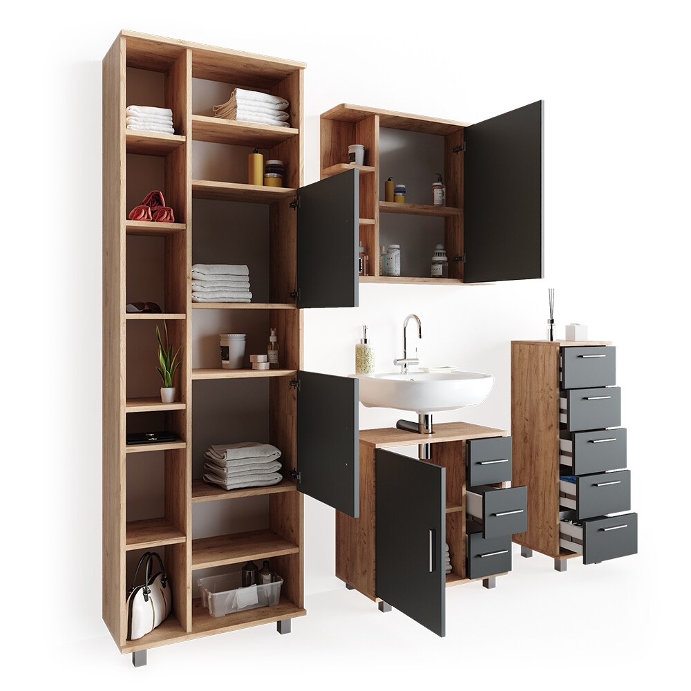 VICCO Badmöbel Set ILIAS Eiche Anthrazit Spiegel Kommode Unterschrank Badschrank